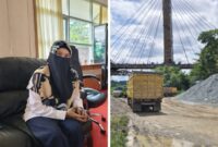 Keterangan: Plt Kadishub Kutai Barat, Rita, menyampaikan penjelasan mengenai aktivitas bongkar muat di kawasan Jembatan ATJ Melak (kiri), sementara tampak aktivitas truk pengangkut material di lokasi (kanan). Foto: Istimewa, Sumber Foto dari Reportaseexpose. 