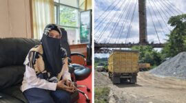 Keterangan: Plt Kadishub Kutai Barat, Rita, menyampaikan penjelasan mengenai aktivitas bongkar muat di kawasan Jembatan ATJ Melak (kiri), sementara tampak aktivitas truk pengangkut material di lokasi (kanan). Foto: Istimewa, Sumber Foto dari Reportaseexpose. 