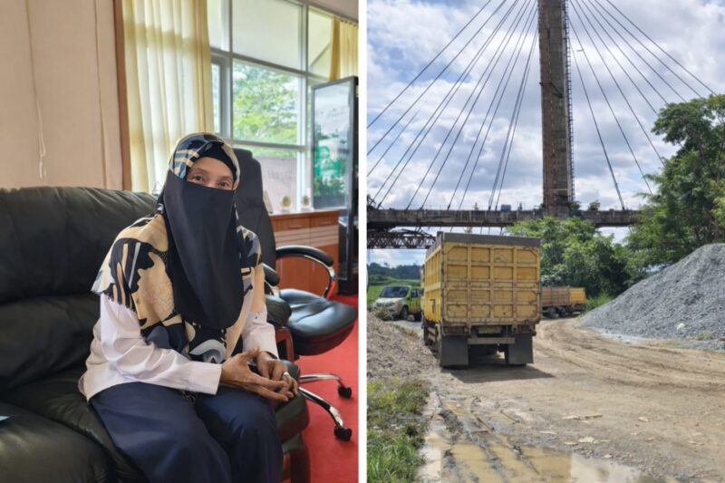 Keterangan: Plt Kadishub Kutai Barat, Rita, menyampaikan penjelasan mengenai aktivitas bongkar muat di kawasan Jembatan ATJ Melak (kiri), sementara tampak aktivitas truk pengangkut material di lokasi (kanan). Foto: Istimewa, Sumber Foto dari Reportaseexpose. 
