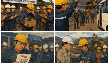 Keterangan Foto: Ilustrasi suasana perpisahan pekerja tambang yang terdampak kebijakan pemangkasan kuota produksi batu bara nasional. Gelombang ancaman PHK disebut mulai menghantam sektor pertambangan di Kalimantan Timur seiring penurunan target produksi dalam RKAB 2026. (Ilustrasi/Kawalkaltim.com)