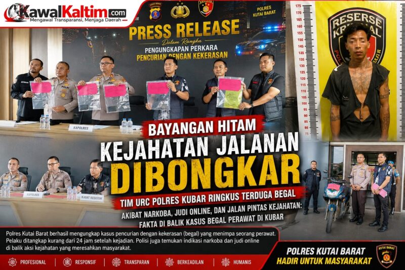 Keterangan Foto:
 Ketika kejahatan berlari, hukum menemukan jejaknya. Kapolres Kutai Barat AKBP Honey Wahyu Wicaksono, S.I.K., bersama jajaran Satreskrim dan Tim URC memperlihatkan barang bukti hasil pengungkapan kasus pencurian dengan kekerasan (begal) yang sempat meresahkan masyarakat. Pengungkapan ini sekaligus menjadi peringatan bahwa narkoba, judi online, dan jalan pintas kriminal kerap berujung pada konsekuensi hukum yang tidak terhindarkan. (Dok. Kawalkaltim.com/Amin)
