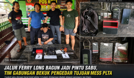 Tim gabungan Tim 12 Satgas Citarum BAIS TNI, Satgas Pamtas RI–Malaysia Yon Armed 4/Parahyangan dan Tim SGI memperlihatkan terduga pelaku beserta barang bukti narkotika jenis sabu-sabu yang diamankan di Pos Koki Long Bagun, Kabupaten Mahakam Ulu, Senin (22/6/2026). Barang bukti yang disita antara lain tiga paket sabu dengan berat total sekitar 1,5 gram, satu unit telepon genggam, timbangan digital, tas hitam, kotak penyimpanan serta lima alat isap sabu. (Ist/Kawalkaltim.com)