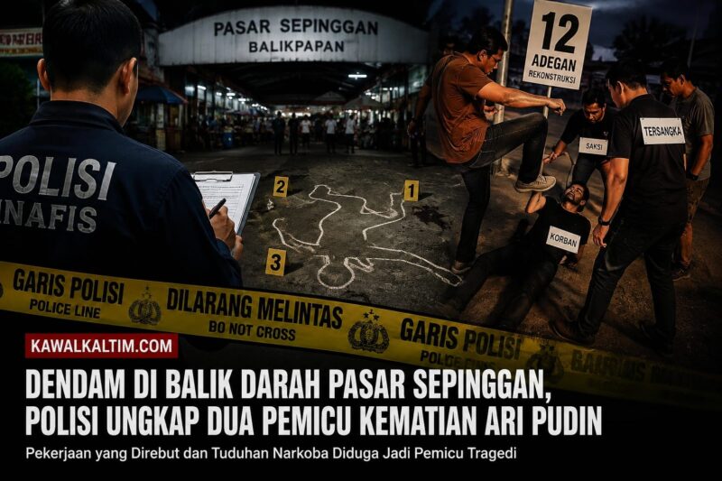 Keterangan Foto | Dokumen Kawalkaltim.com:
Dokumen Kawalkaltim.com: Ilustrasi rekonstruksi kasus dugaan pembunuhan Kepala Keamanan Pasar Sepinggan, Ari Pudin, di Balikpapan Selatan. Polisi mendalami dugaan motif dendam yang dipicu persoalan pekerjaan dan tuduhan terkait narkoba. Hingga kini, penyidik masih melengkapi berkas perkara sebelum dilimpahkan ke tahap penuntutan.

