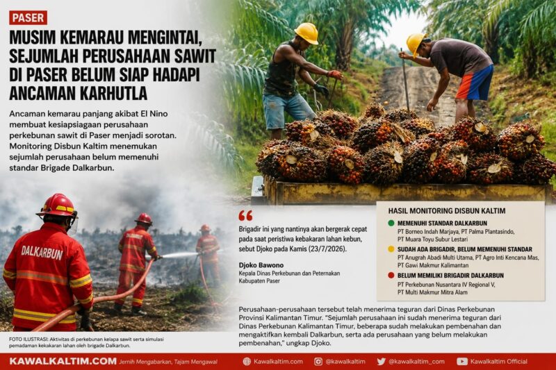 Keterangan Foto:
Ilustrasi aktivitas pekerja di areal perkebunan kelapa sawit. Pemerintah mengingatkan seluruh perusahaan perkebunan di Kabupaten Paser agar memperkuat Brigade Pengendalian Kebakaran Lahan Perkebunan (Dalkarbun) dan menerapkan prinsip zero burning sebagai langkah antisipasi menghadapi ancaman musim kemarau panjang akibat fenomena El Nino. (Dok. Ilustrasi/Kawalkaltim.com)
