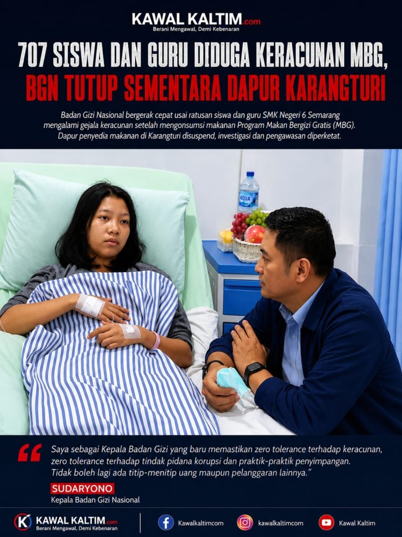 Keterangan Foto:
Kepala Badan Gizi Nasional (BGN), Sudaryono, berbincang dengan salah seorang siswa SMK Negeri 6 Semarang yang menjalani perawatan akibat dugaan keracunan usai mengonsumsi makanan Program Makan Bergizi Gratis (MBG). Kunjungan tersebut dilakukan untuk memastikan kondisi para korban sekaligus menegaskan komitmen BGN menerapkan zero tolerance terhadap pelanggaran keamanan pangan. (Dok. Istimewa/KawalKaltim.com)
