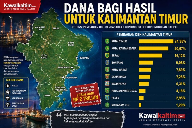 Keterangan Foto:
Infografis: Peta Provinsi Kalimantan Timur yang menampilkan ilustrasi pembagian potensi Dana Bagi Hasil (DBH) berdasarkan daerah penghasil sumber daya alam. Pemerintah Provinsi Kalimantan Timur bersama pemerintah kabupaten/kota masih menunggu pencairan kekurangan salur DBH tahun anggaran 2023–2024 yang nilainya mencapai triliunan rupiah. Ilustrasi/Kawalkaltim.com.
