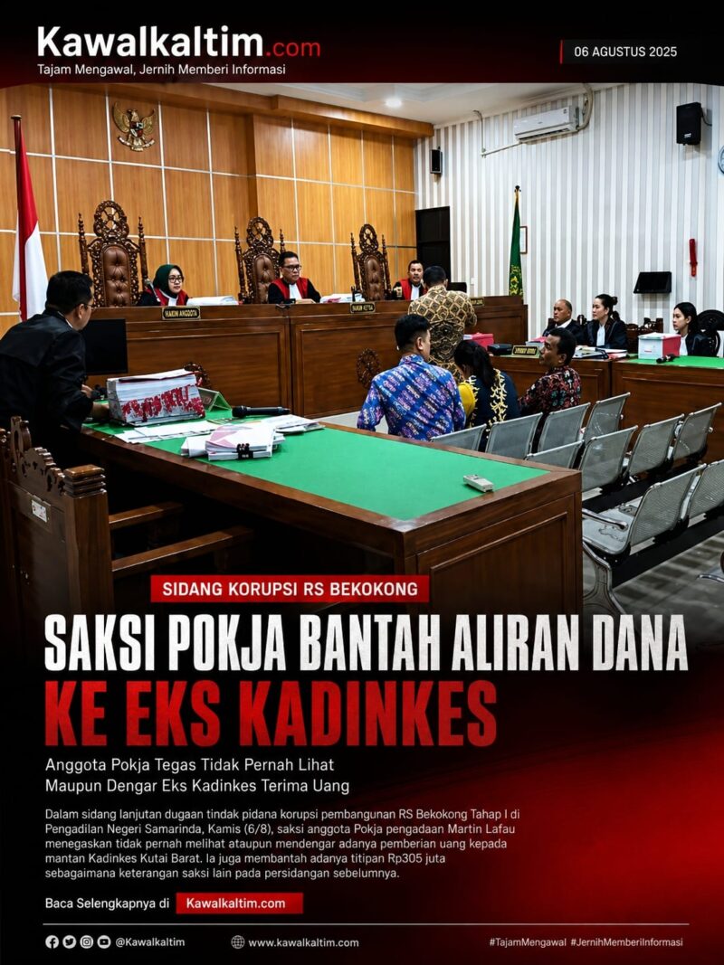 Keterangan Foto:
Suasana persidangan lanjutan dugaan tindak pidana korupsi pembangunan Rumah Sakit (RS) Bekokong Tahap I di Ruang Sidang Letjen TNI Ali Said, Pengadilan Negeri Samarinda, Kamis (6/8). Dalam persidangan, saksi anggota Kelompok Kerja (Pokja) pengadaan, Martin Lafau, menegaskan tidak pernah melihat maupun mendengar adanya pemberian uang kepada mantan Kepala Dinas Kesehatan Kabupaten Kutai Barat serta membantah adanya titipan dana Rp305 juta sebagaimana keterangan saksi sebelumnya. (Dok. Kawalkaltim.com/AminYS)
