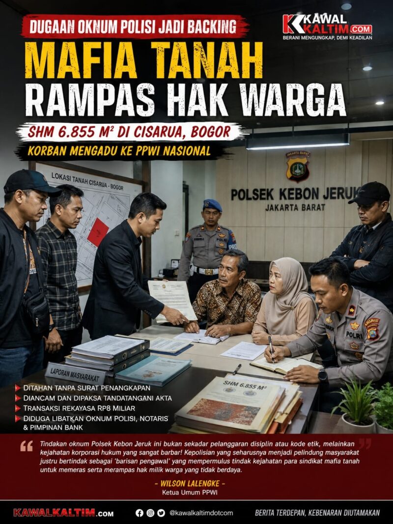 Keterangan Foto :
Ilustrasi  yang menggambarkan dugaan perkara sengketa tanah di Cisarua, Kabupaten Bogor, sebagaimana disampaikan pihak pelapor. Ilustrasi ini digunakan sebagai visual pendukung pemberitaan dan tidak dimaksudkan menggambarkan kejadian sebenarnya maupun menyatakan keterlibatan pihak tertentu sebagai fakta hukum. Seluruh dugaan masih menunggu proses penyelidikan, pembuktian, serta putusan pengadilan yang berkekuatan hukum tetap. Foto: Ilustrasi/Kawalkaltim.com.
