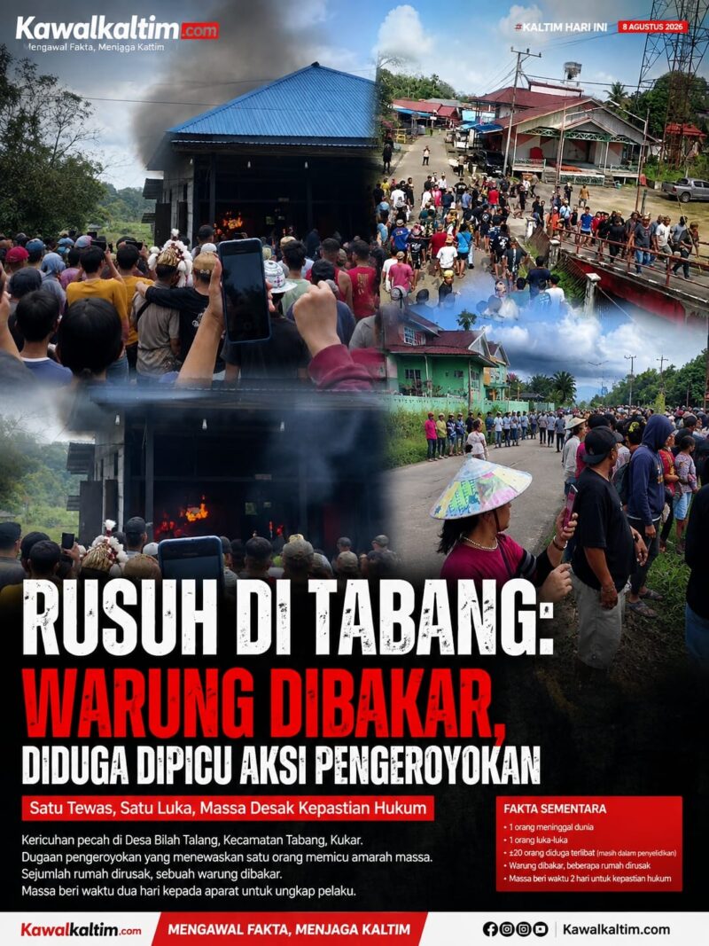 Keterangan Foto:
Situasi massa saat kericuhan di Desa Bilah Talang, Kecamatan Tabang, Kabupaten Kutai Kartanegara (Kukar), Sabtu (8/8/2026). Massa mendatangi sejumlah lokasi menyusul dugaan pengeroyokan yang menyebabkan satu orang meninggal dunia dan satu lainnya terluka. Dalam peristiwa tersebut, sebuah warung dilaporkan dibakar dan sejumlah rumah mengalami kerusakan. Foto: Dok. Warga/Kawalkaltim.com
