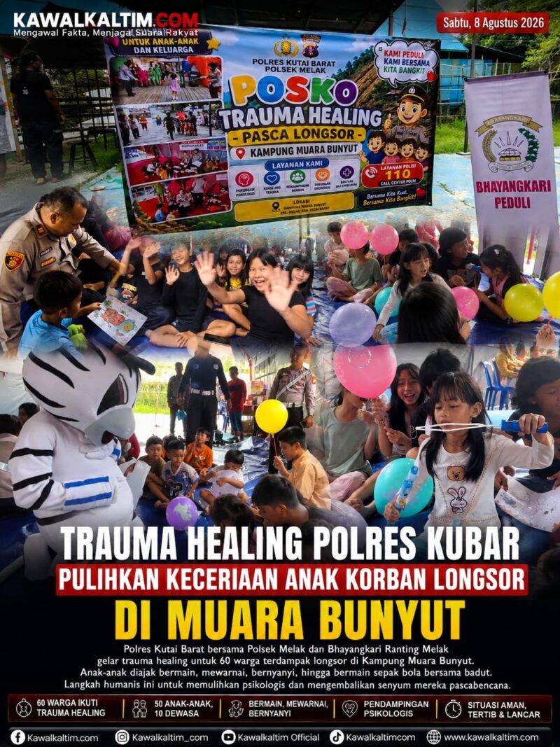 𝗞𝗲𝘁𝗲𝗿𝗮𝗻𝗴𝗮𝗻 𝗙𝗼𝘁𝗼 :
𝐃𝐨𝐤. 𝐊𝐚𝐰𝐚𝐥𝐊𝐚𝐥𝐭𝐢𝐦.𝐜𝐨𝐦 — Polres Kutai Barat bersama Polsek Melak dan Bhayangkari Ranting Melak menggelar kegiatan 𝘁𝗿𝗮𝘂𝗺𝗮 𝗵𝗲𝗮𝗹𝗶𝗻𝗴 𝗽𝗮𝘀𝗰𝗮𝗹𝗼𝗻𝗴𝘀𝗼𝗿 bagi warga terdampak di Kampung Muara Bunyut, Kecamatan Melak, Kutai Barat, Sabtu (8/8/2026). Kegiatan yang diikuti 𝟲𝟬 𝘄𝗮𝗿𝗴𝗮, 𝘁𝗲𝗿𝗱𝗶𝗿𝗶 𝗱𝗮𝗿𝗶 𝟱𝟬 𝗮𝗻𝗮𝗸-𝗮𝗻𝗮𝗸 𝗱𝗮𝗻 𝟭𝟬 𝗼𝗿𝗮𝗻𝗴 𝗱𝗲𝘄𝗮𝘀𝗮, diisi dengan berbagai aktivitas ramah anak, seperti bermain, mewarnai, bernyanyi, permainan edukatif hingga hiburan badut, sebagai upaya membantu memulihkan kondisi psikologis dan mengembalikan keceriaan anak-anak setelah bencana longsor.
