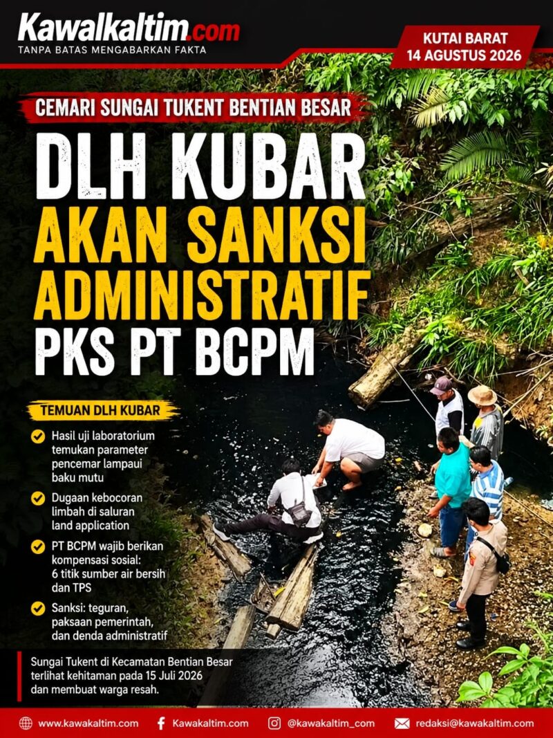 Keterangan Foto:
Petugas bersama masyarakat melakukan pengecekan kondisi Sungai Tukent di Kecamatan Bentian Besar, Kutai Barat, yang terlihat menghitam pada 15 Juli 2026. Kondisi tersebut menjadi perhatian setelah DLH Kutai Barat menemukan sejumlah parameter pencemar hasil uji laboratorium melebihi baku mutu dan menyatakan akan memberikan sanksi administratif terhadap PKS PT BCPM. (Dok. KawalKaltim.com)
