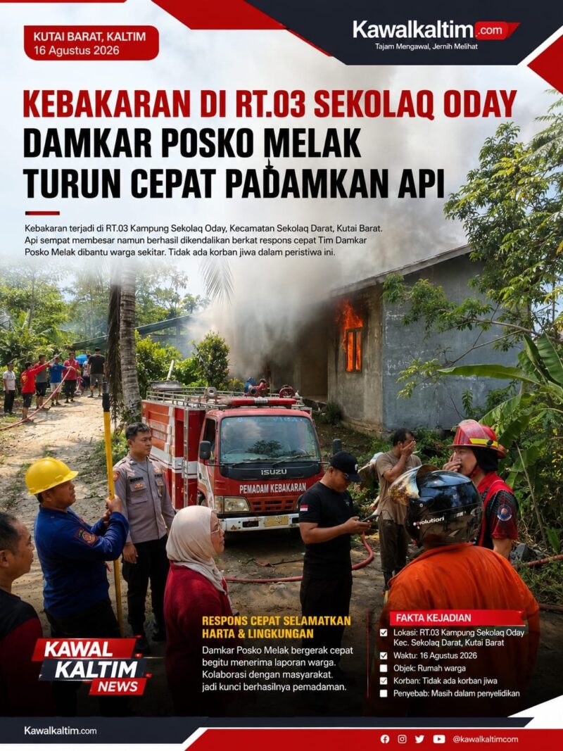 Keterangan Foto: Tim pemadam kebakaran bersama warga dan unsur terkait melakukan penanganan kebakaran di kawasan RT 03, Kampung Sekolaq Oday, Kecamatan Sekolaq Darat, Kutai Barat. Petugas dikerahkan untuk memadamkan api dan mencegah kobaran meluas ke bangunan serta lingkungan di sekitar lokasi. (Dok. Kawalkaltim.com)