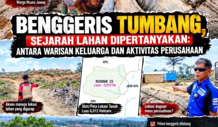 Keterangan Foto: Rusman Menunjukkan Kayu yang Ditebang. Rusman berada di antara sejumlah batang kayu yang telah ditebang sambil menunjukkan kondisi lokasi kepada wartawan. Foto ini merupakan dokumentasi lapangan terkait keterangannya mengenai pohon yang disebut berada di atas lahan yang diklaim sebagai tanah warisan. (Dok. Kawalkaltim.com/Annanda)