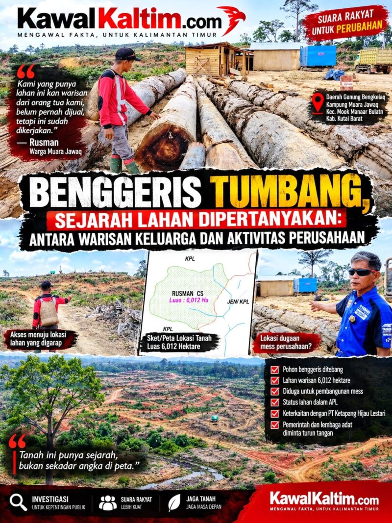 Keterangan Foto:
Rusman Menunjukkan Kayu yang Ditebang. Rusman berada di antara sejumlah batang kayu yang telah ditebang sambil menunjukkan kondisi lokasi kepada wartawan. Foto ini merupakan dokumentasi lapangan terkait keterangannya mengenai pohon yang disebut berada di atas lahan yang diklaim sebagai tanah warisan. (Dok. Kawalkaltim.com/Annanda)
