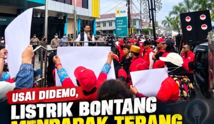 Keterangan Foto: Aksi warga memprotes pemadaman listrik di Kantor UP3 PLN Bontang, Jalan MT Haryono, Kamis (17/9/2026). Massa membawa sejumlah poster dan menyampaikan tuntutan terkait pemadaman listrik bergilir yang sebelumnya terjadi di Kota Bontang. (Dok. KawalKaltim.com/Imam)
