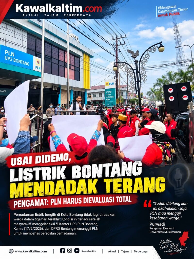 Keterangan Foto:
Aksi warga memprotes pemadaman listrik di Kantor UP3 PLN Bontang, Jalan MT Haryono, Kamis (17/9/2026). Massa membawa sejumlah poster dan menyampaikan tuntutan terkait pemadaman listrik bergilir yang sebelumnya terjadi di Kota Bontang. (Dok. KawalKaltim.com/Imam)
